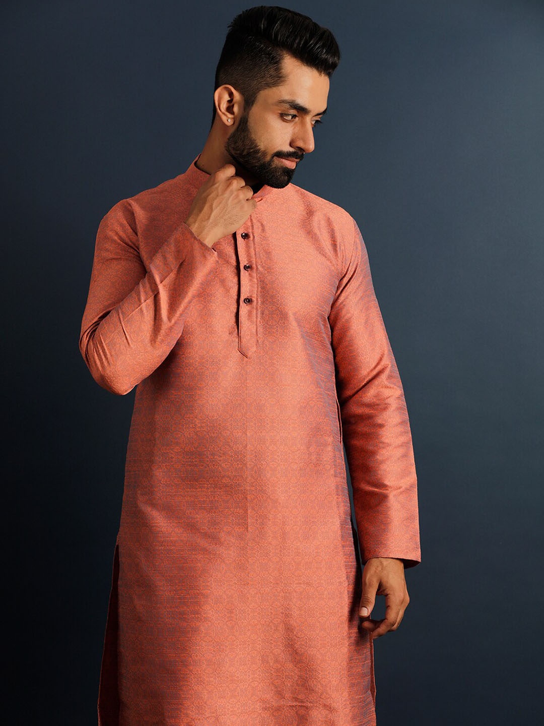 

Lightpole Woven Design Mandarin Collar Straight Kurta, Peach