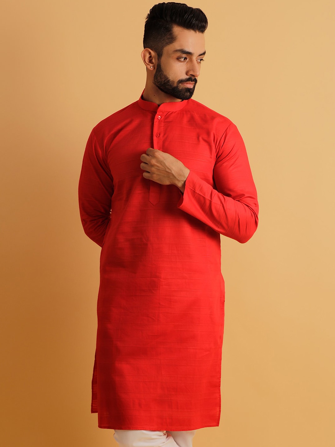 

Lightpole Woven Design Band Collar Straight Kurta, Red