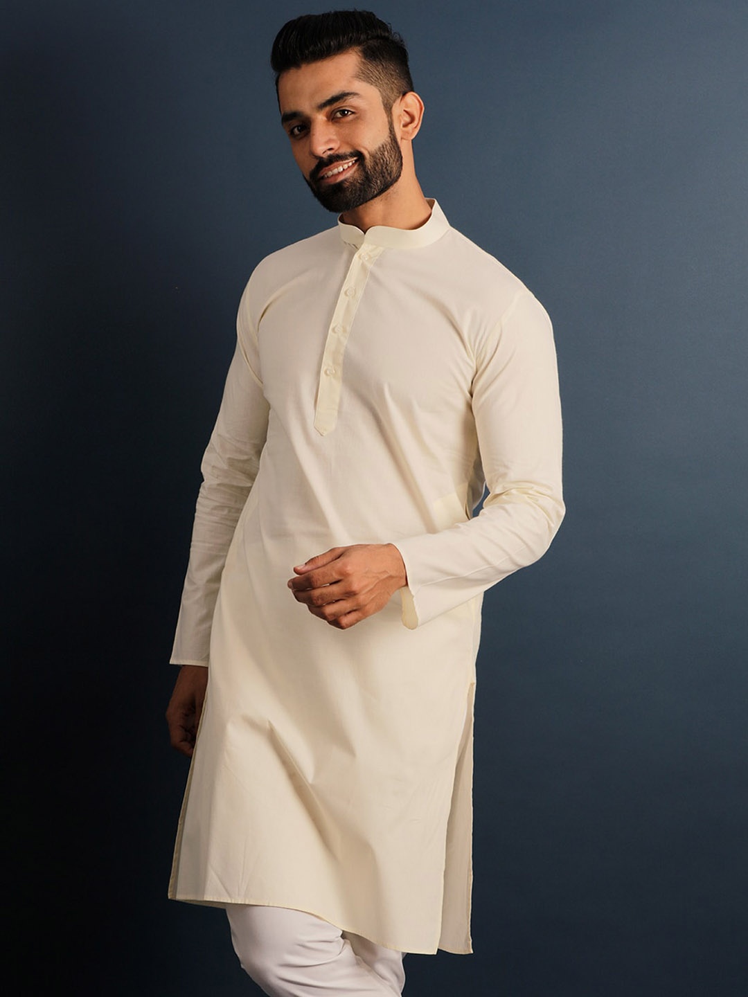 

Lightpole Band Collar Straight Kurta, Cream