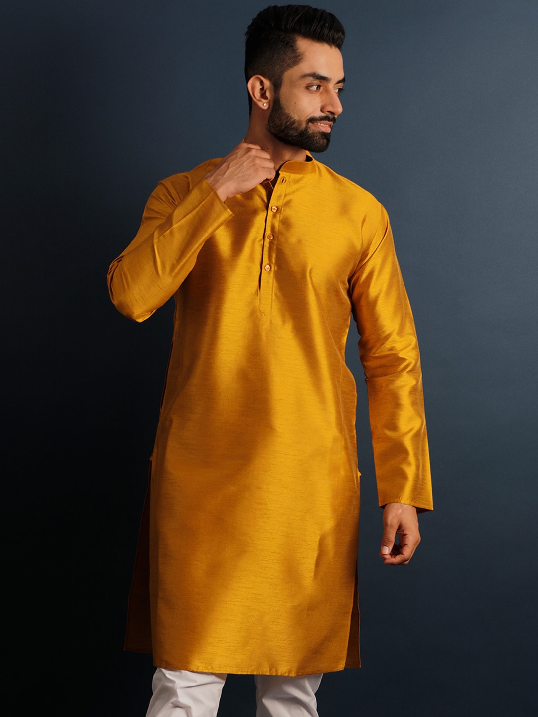 

Lightpole Band Collar Straight Kurta, Yellow