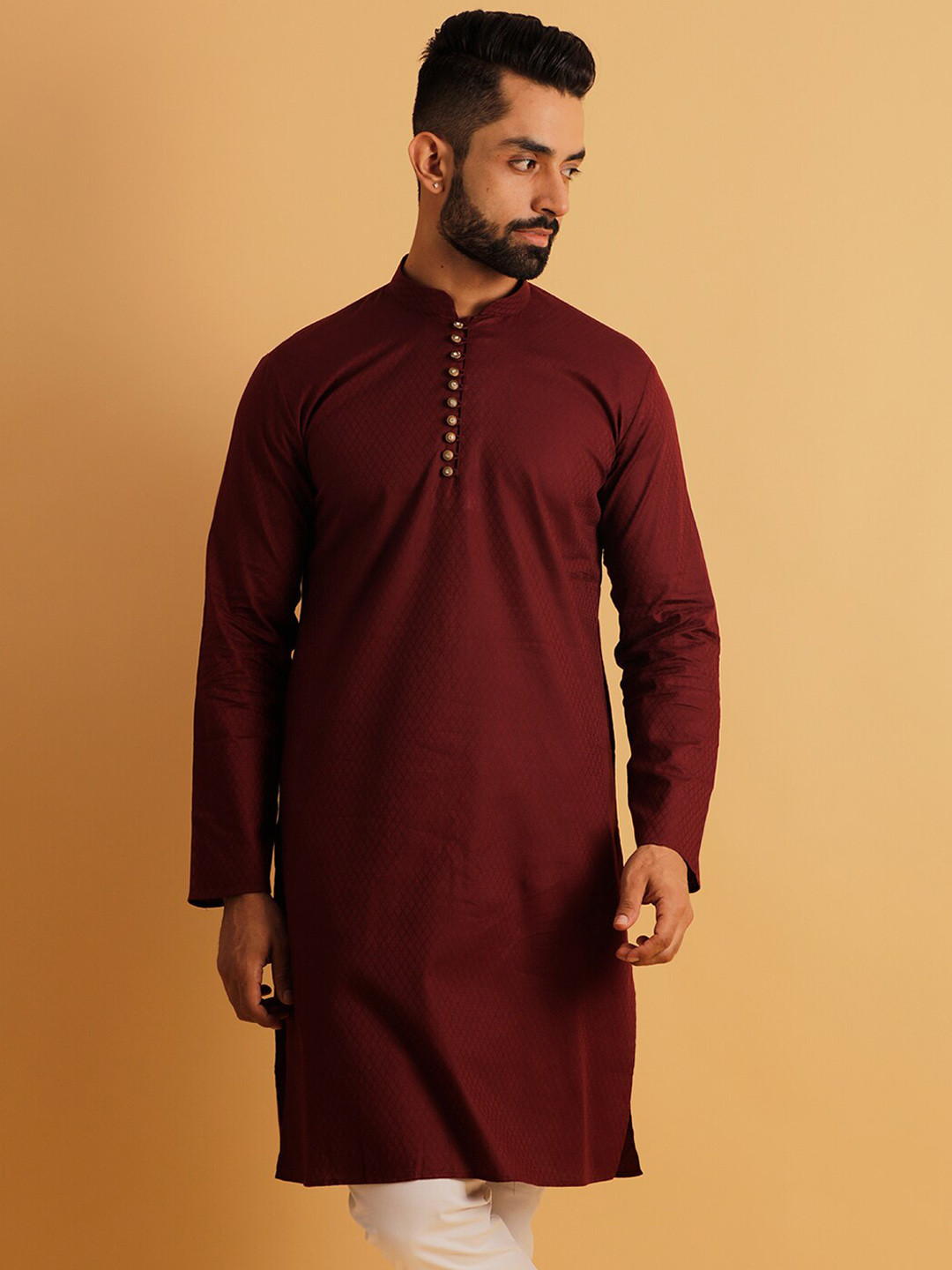 

Lightpole Woven Design Mandarin Collar Jacquard Straight Kurta, Maroon