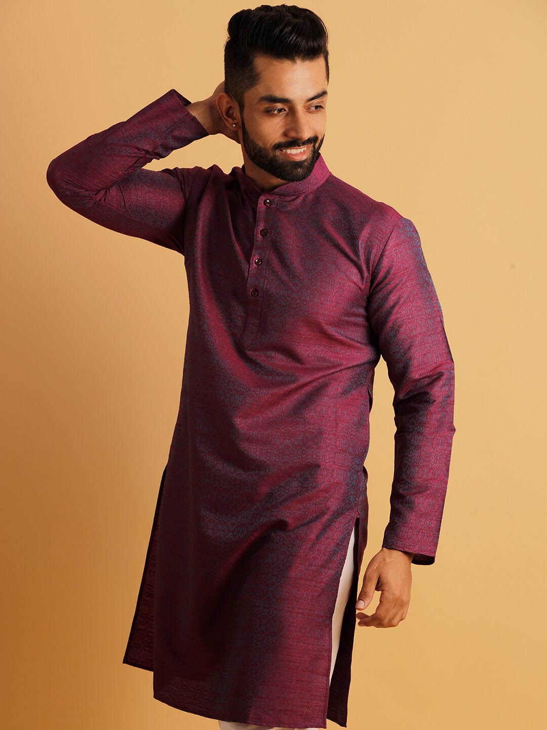 

Lightpole Woven Design Dupion Silk Straight Kurta, Magenta
