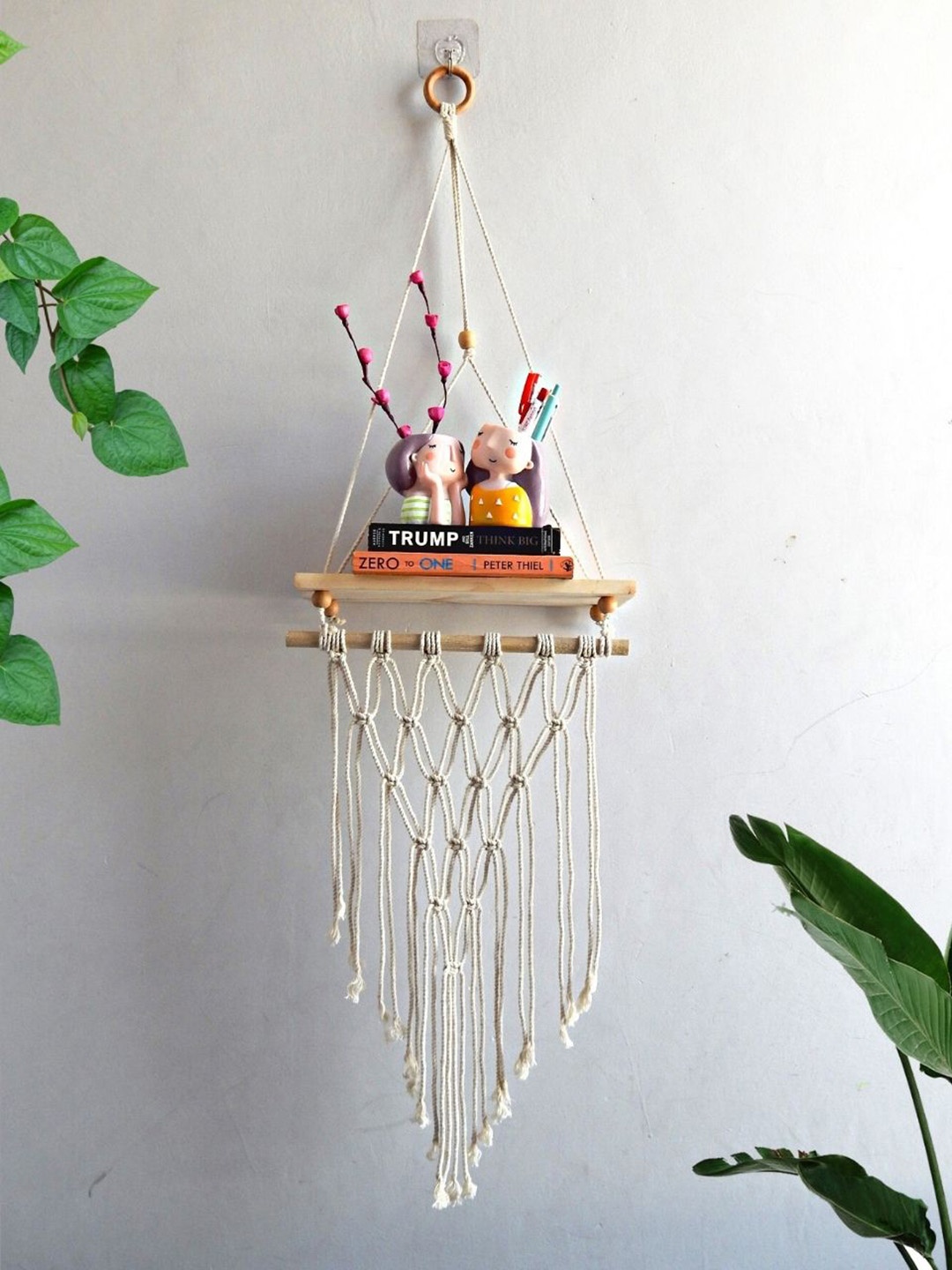 

ecofynd Off White Wooden Macrame Wall Hanging Shelf