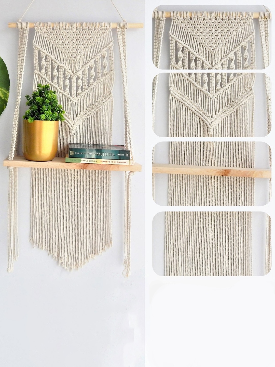 

ecofynd Off White Wall Hanging Wooden Macrame Shelf