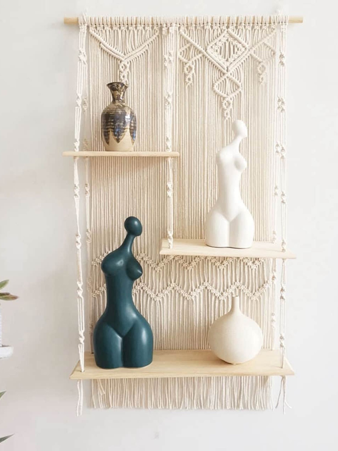 

ecofynd Off White Wooden Cotton Macrame Wall Hanging Shelf