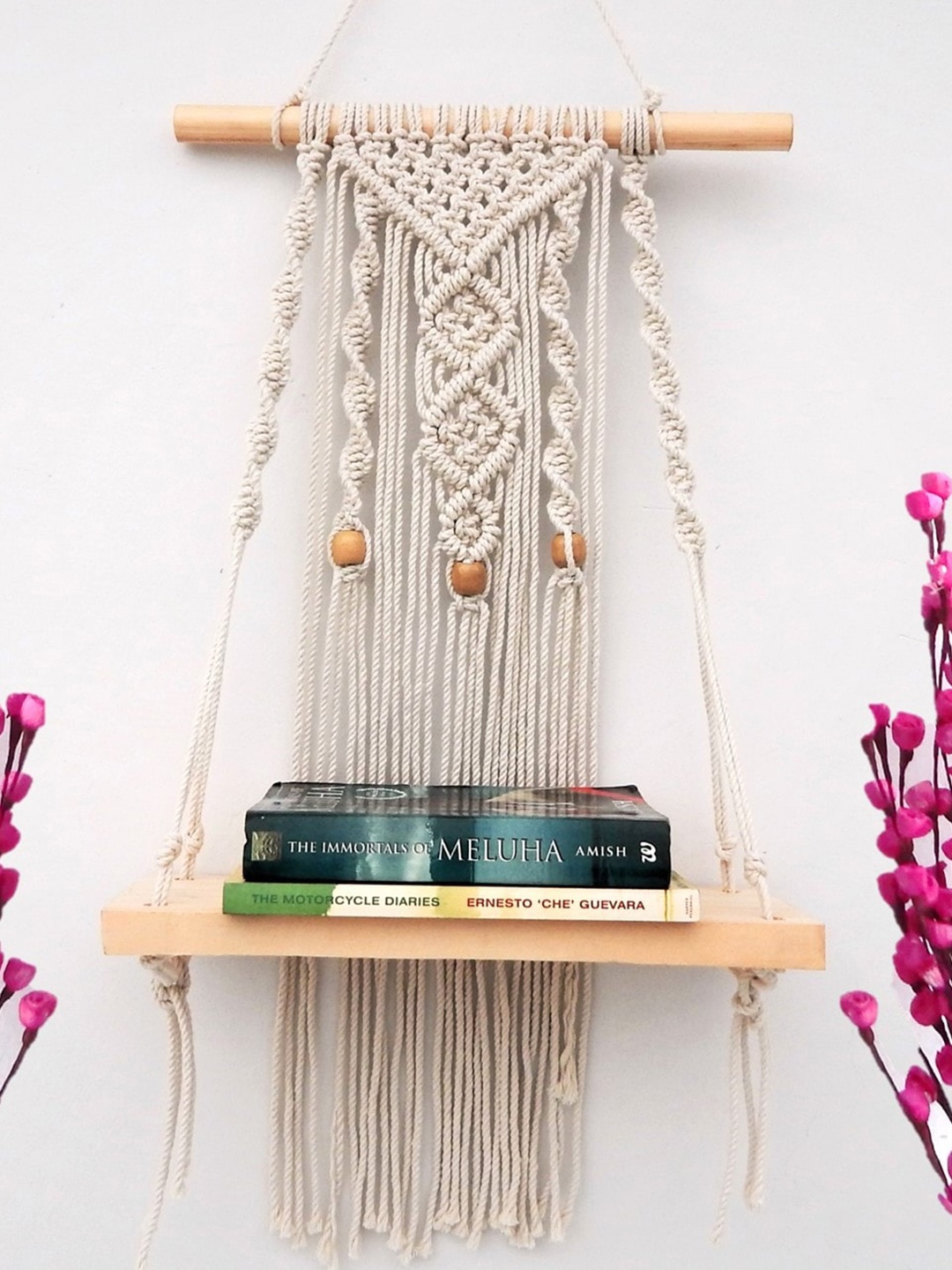 

ecofynd Wooden Cotton Macrame Wall Hanging Shelf, Off white