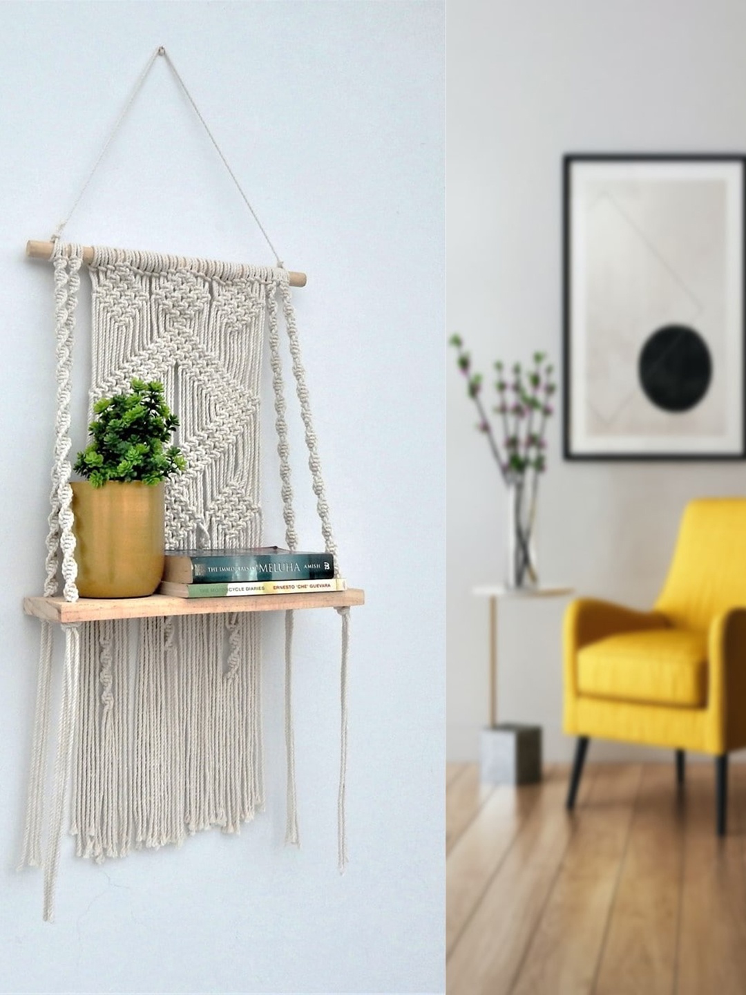 

ecofynd Off White Wooden Macrame Wall Hanging Shelf