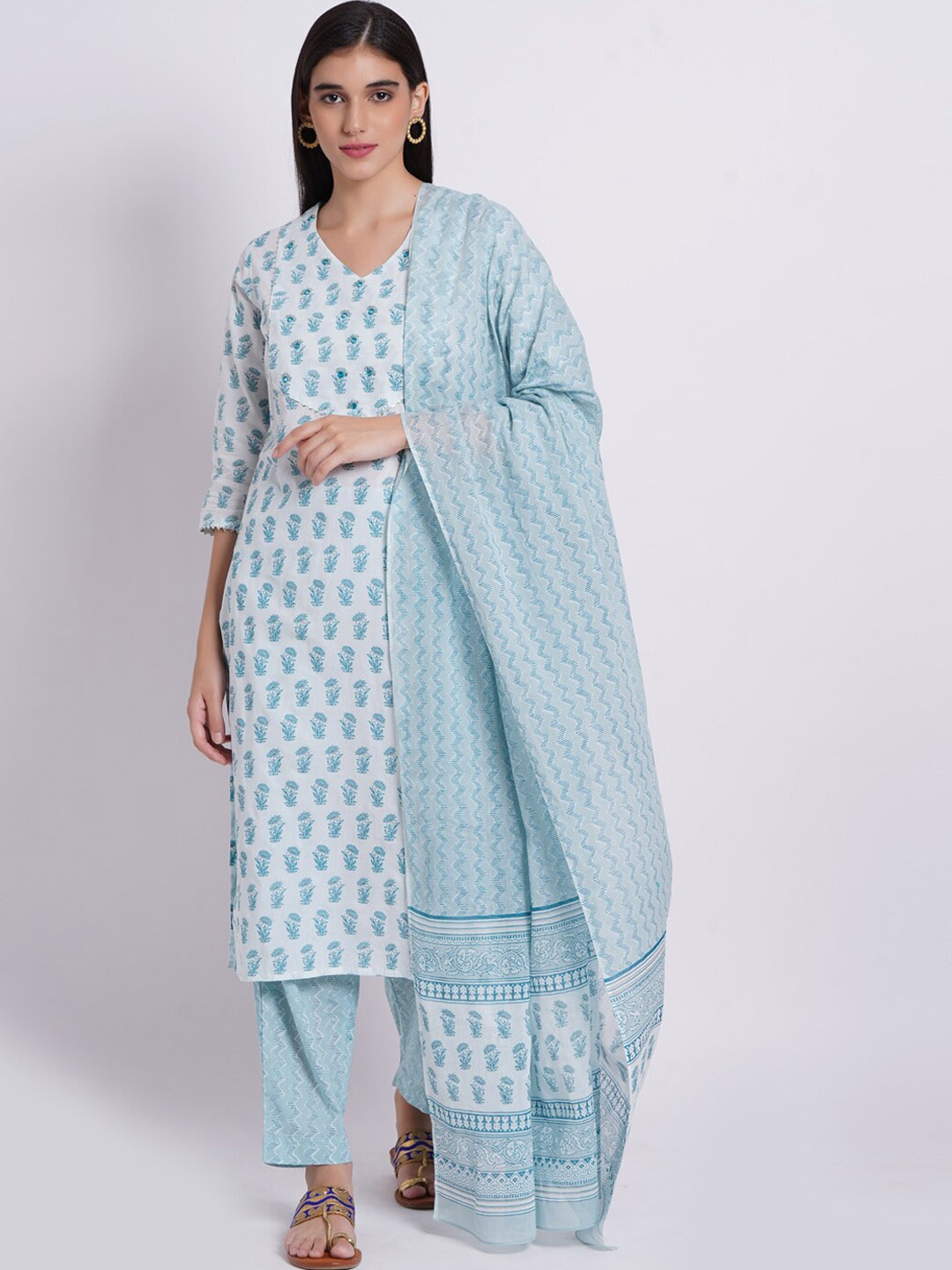 

SUTI Ethnic Motifs Printed Pure Cotton Kurta with Trousers & Dupatta, Blue