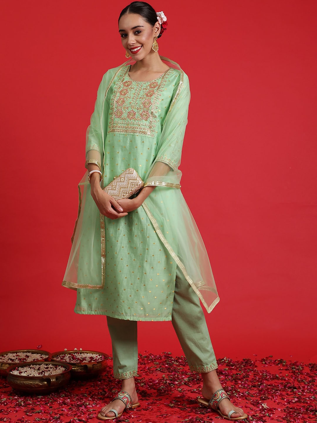 

Indo Era Ethnic Motifs Embroidered Chanderi Silk Kurta Withth Trousers & Dupattta, Green