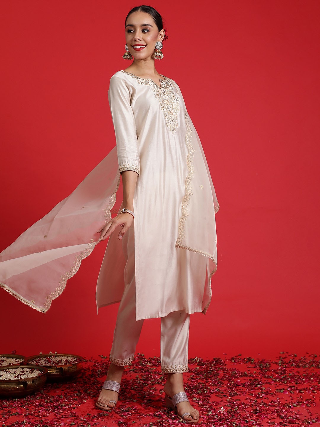 

Indo Era Ethnic Motifs Yoke Design Thread Work Kurta With Trousers & Dupatta, Off white