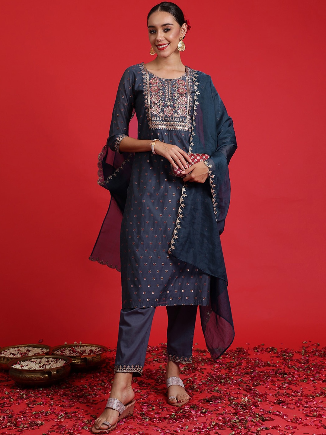 

Indo Era Ethnic Motifs Woven Design Kurta With Trousers & Dupatta, Blue