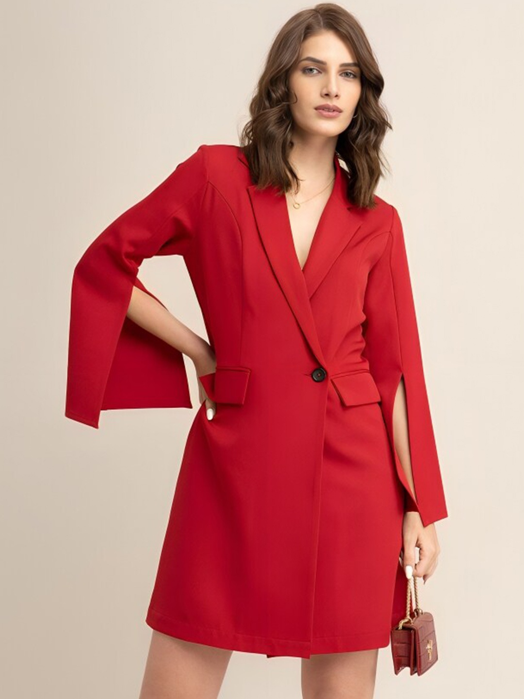 

WESTHOOD Lapel Collar Slit Sleeve Blazer Dress, Red