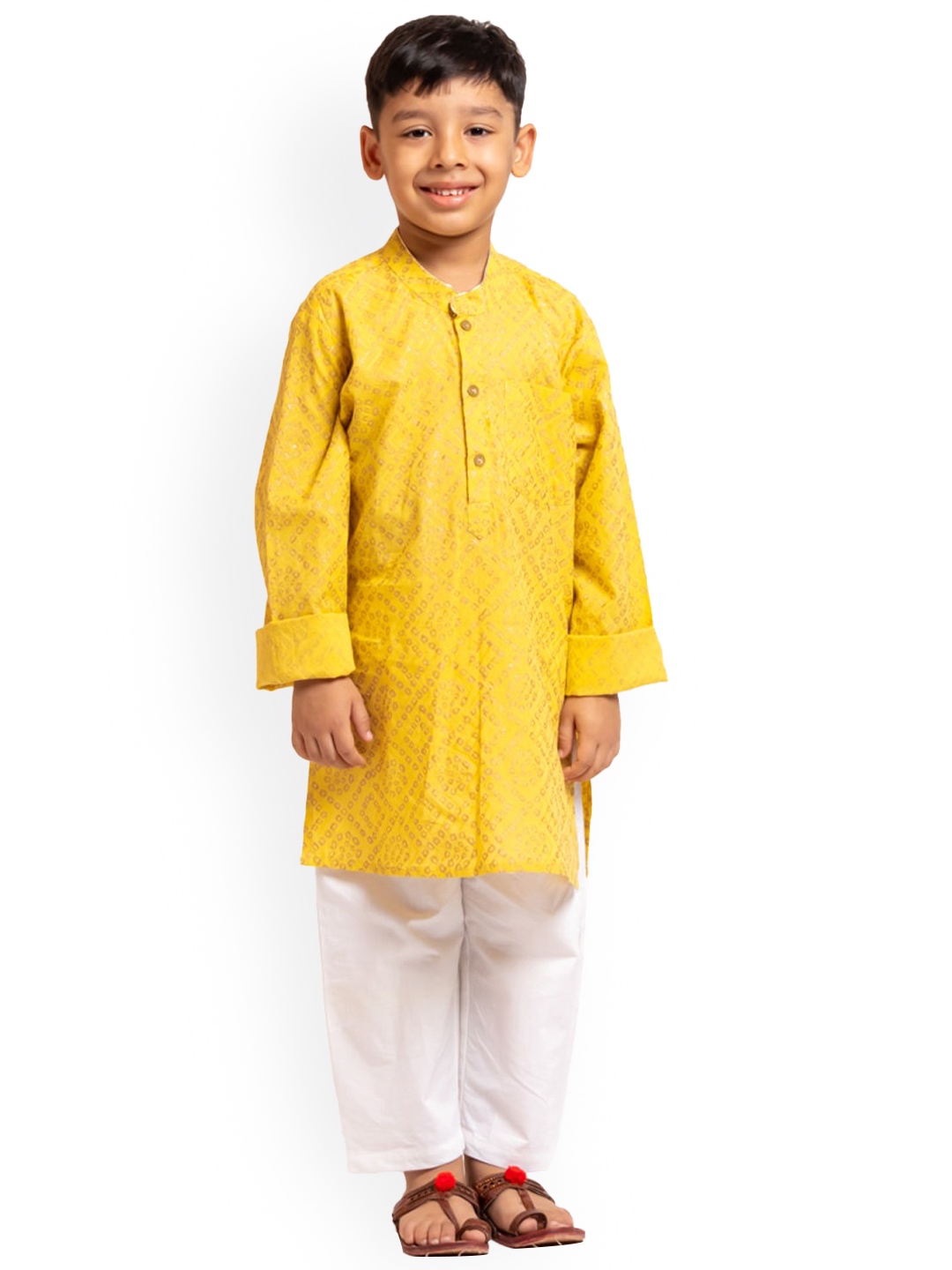 

My Little Lambs Boys Bandhani Printed Mandarin Collar Pure Cotton Kurta With Pyjamas, Yellow