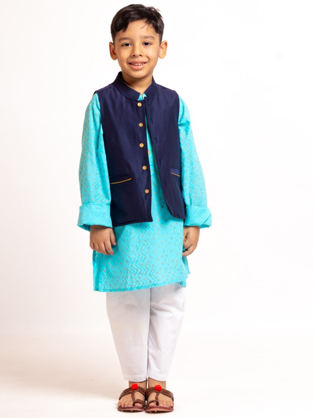 

My Little Lambs Boys Bandhani Printed Mandarin Collar Pure Cotton Kurta With Pyjamas, Turquoise blue