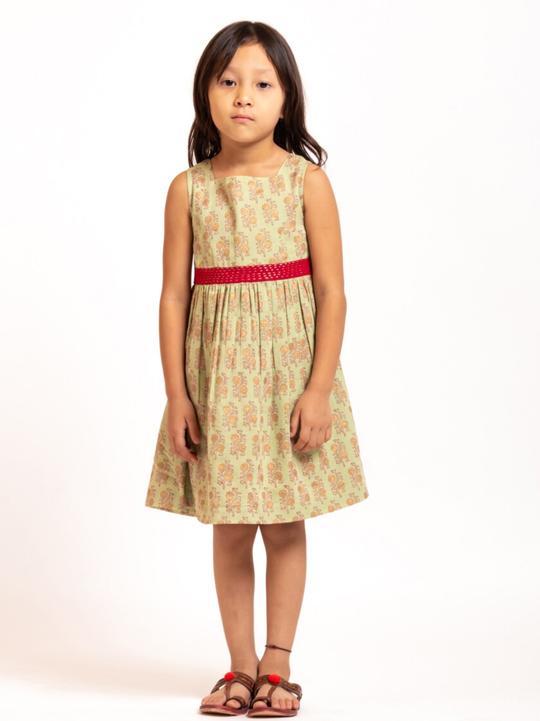 

My Little Lambs Girls Ethnic Printed Sleeveless Gathered Cotton A-Line Ethnic Dress, Green