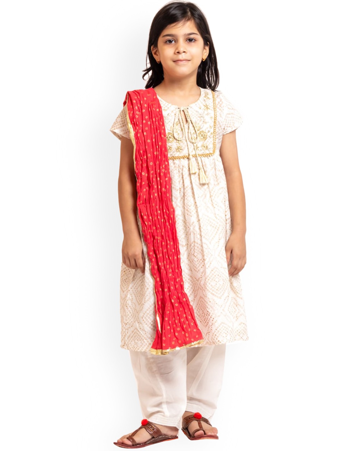 

My Little Lambs Girls Ethnic Motifs Printed Pure Cotton A-Line Kurta & Salwar With Dupatta, White