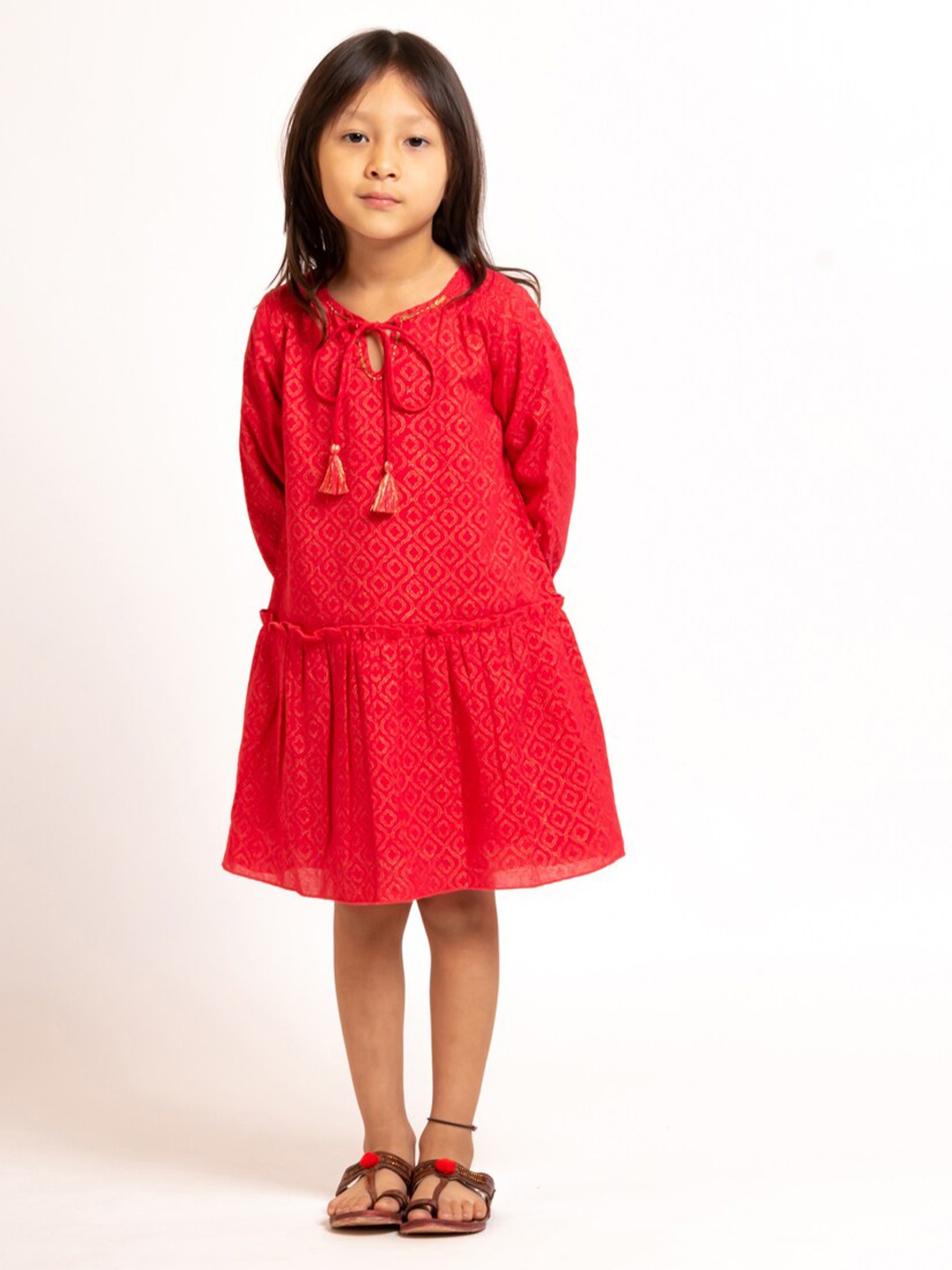 

My Little Lambs Girls Ethnic Print Tie-Up Neck Gathered Tiered Cotton A-Line Ethnic Dress, Red