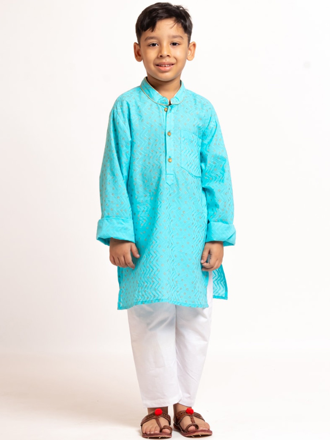 

My Little Lambs Boys Bandhani Printed Mandarin Collar Pure Cotton Kurta With Pyjamas, Turquoise blue