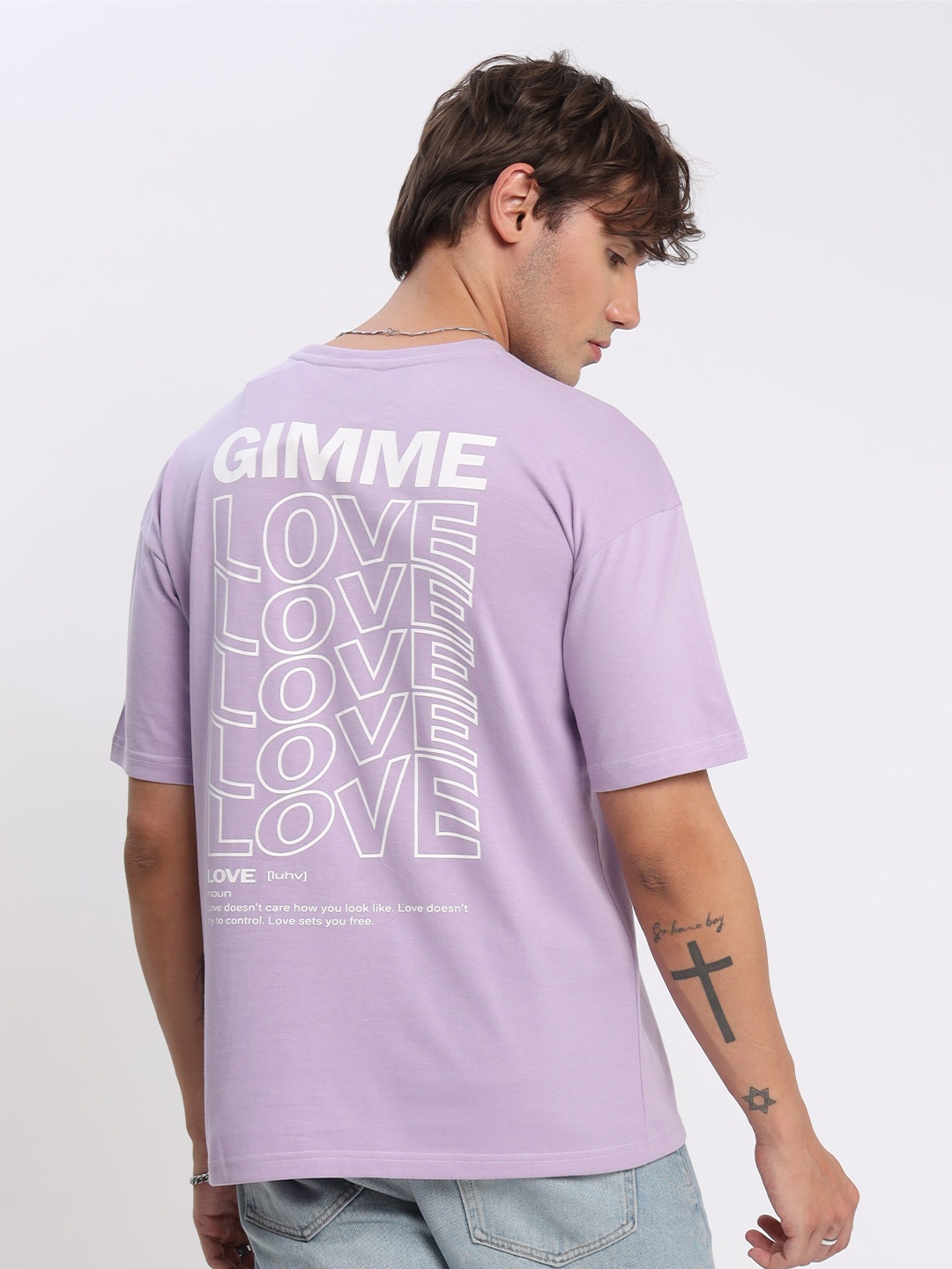 

Beyoung Typography Printed Drop-Shoulder Oversized Cotton T-shirt, Lavender