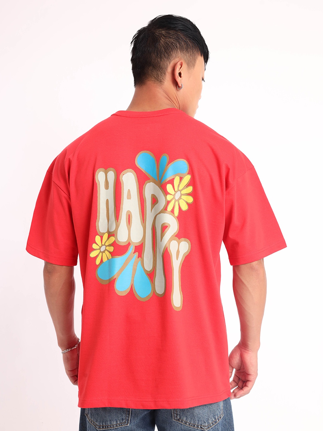 

Beyoung Typography Printed Drop-Shoulder Sleeves Oversized Cotton T-shirt, Red