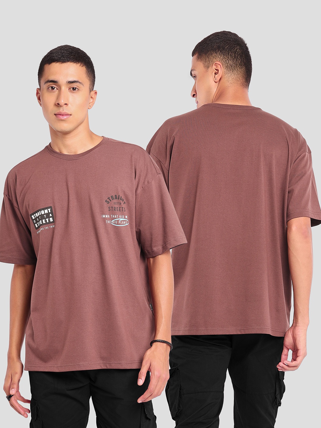 

Beyoung Typography Printed Drop-Shoulder Sleeves Oversized Cotton T-shirt, Brown