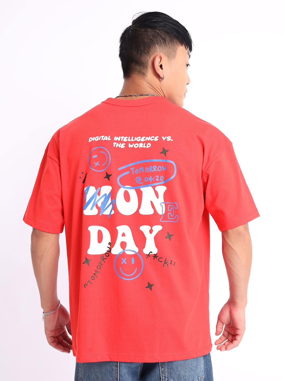 

Beyoung Typography Printed Drop-Shoulder Sleeves Oversized Cotton T-shirt, Red