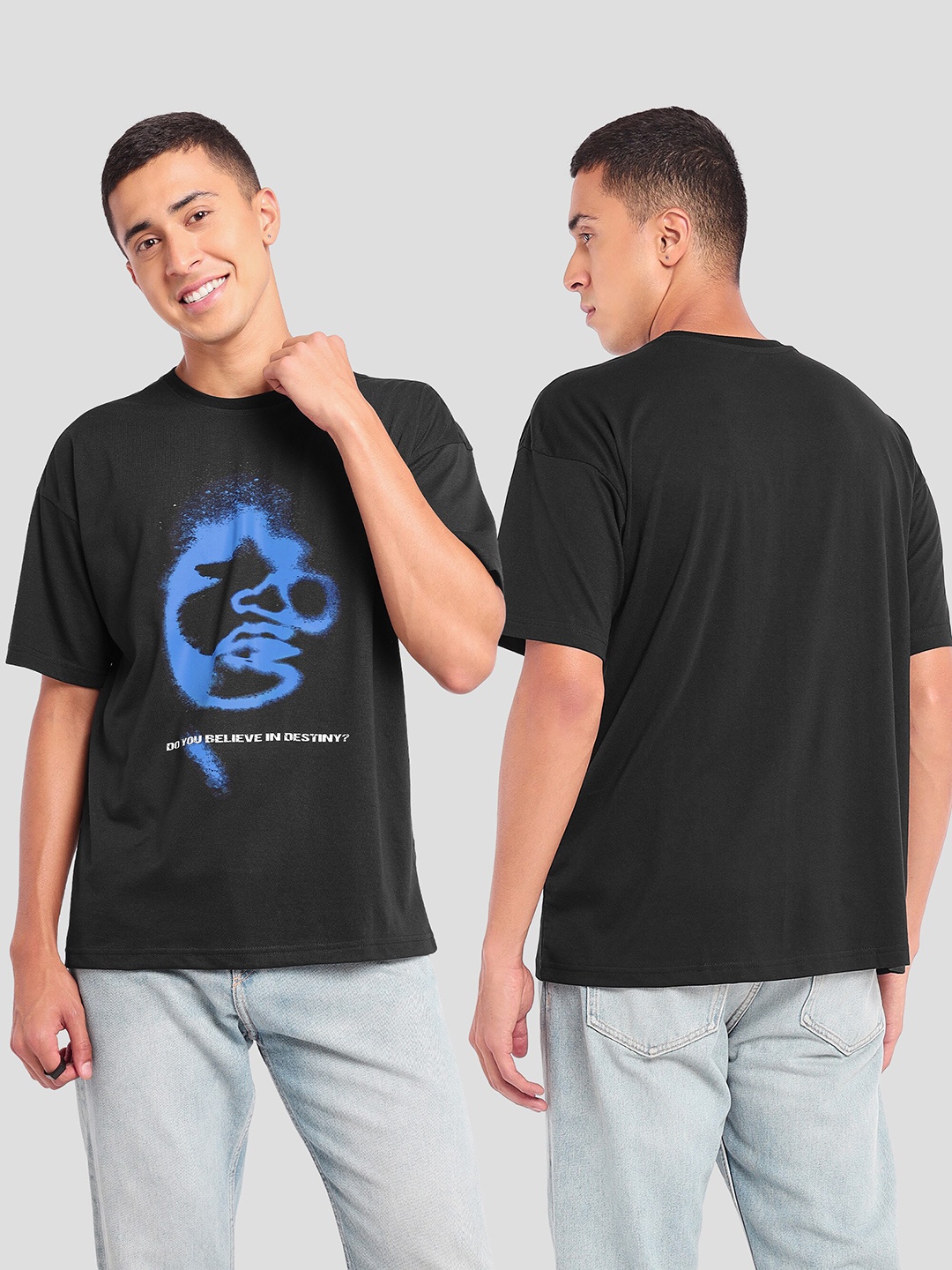 

Beyoung Graphic Printed Drop-Shoulder Sleeves Oversized Cotton T-shirt, Black