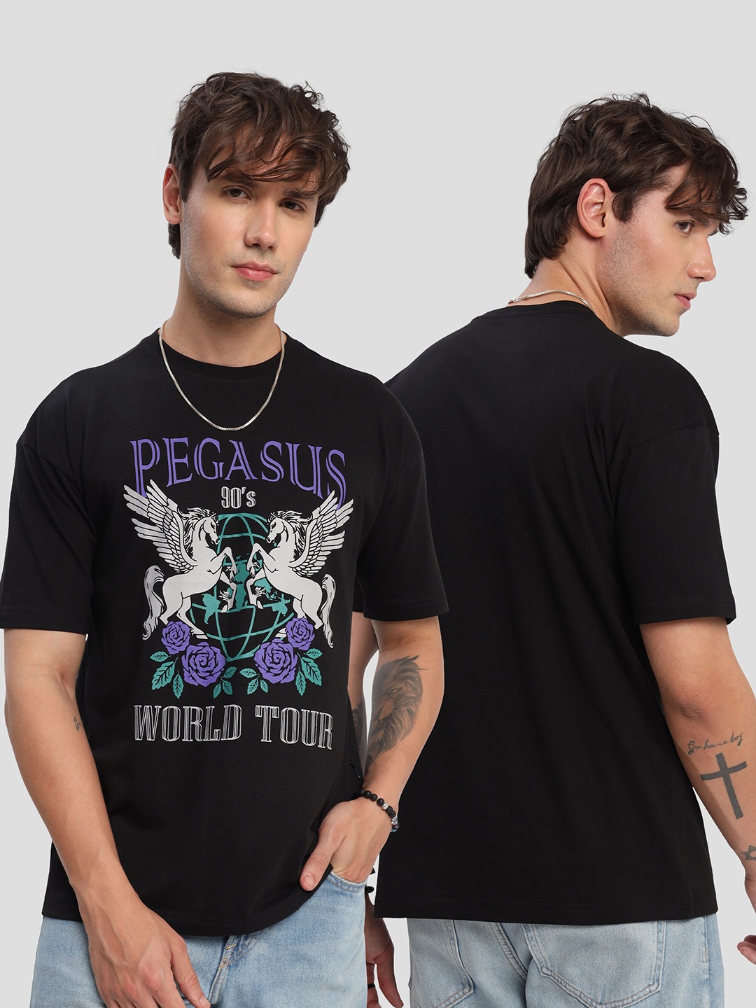

Beyoung Graphic Printed Drop-Shoulder Sleeves Oversized Cotton T-shirt, Black