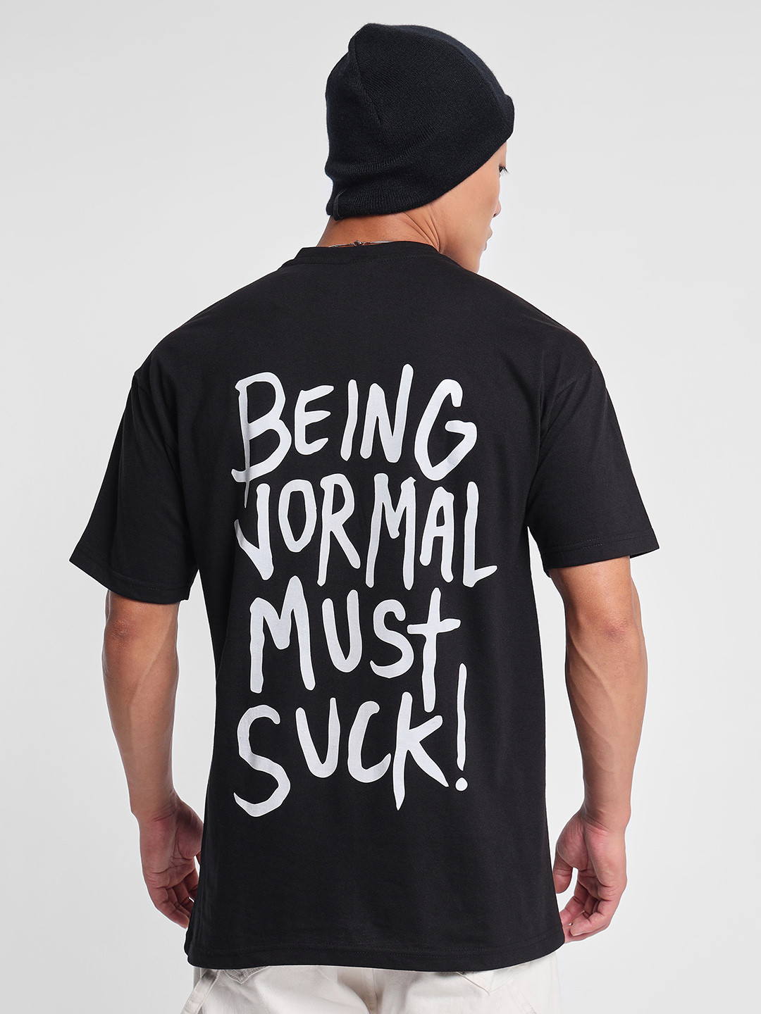 

Beyoung Typography Printed Drop-Shoulder Sleeves Oversized Cotton T-shirt, Black