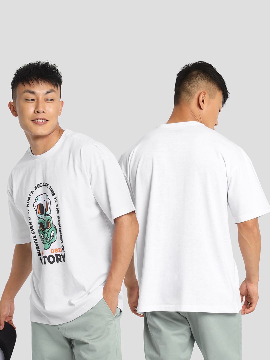

Beyoung Graphic Printed Drop-Shoulder Sleeves Oversized Cotton T-shirt, White