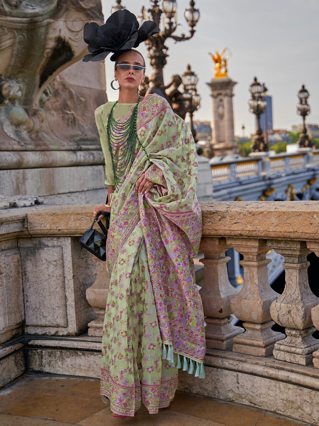 

Mitera Floral Printed Organza Banarasi Saree, Green
