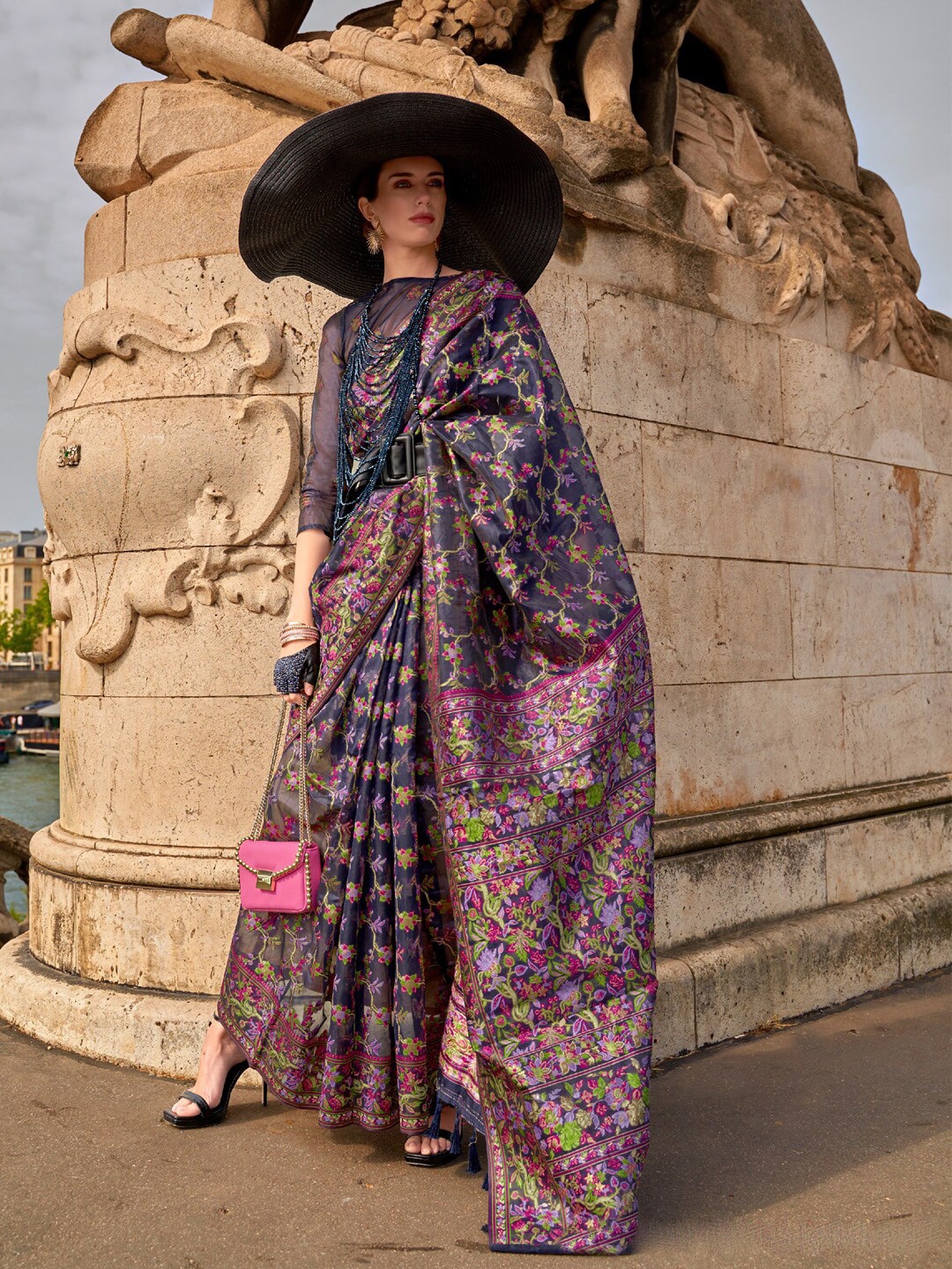 

Mitera Floral Printed Organza Banarasi Saree, Navy blue