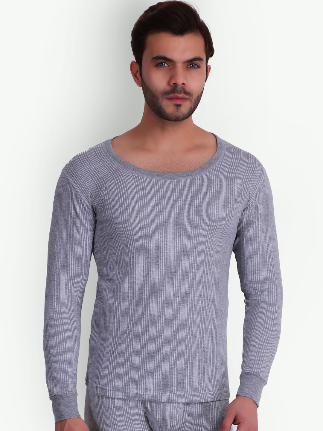

T.T. Elite Striped Ribbed Round Neck Polyfill Technology Thermal Set, Grey melange