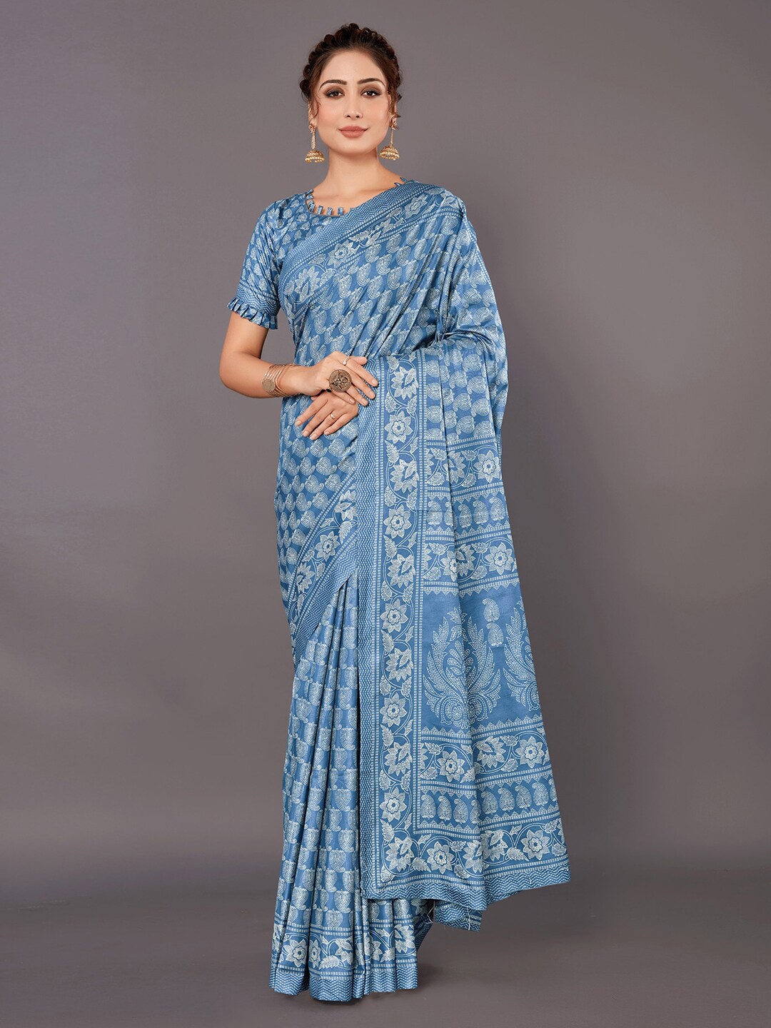 

Anouk Blue Ethnic Motifs Printed Bagh Saree
