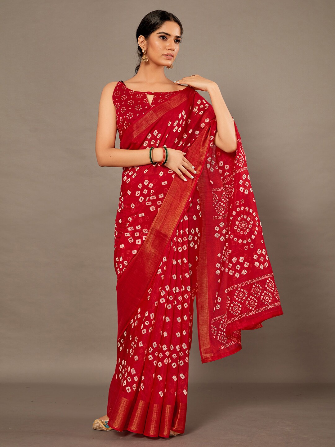 

Anouk Bandhani Printed Zari Detail Saree, Red