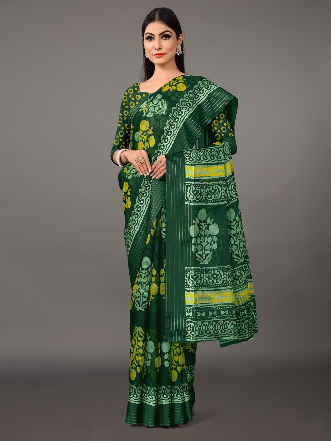 

Anouk Ethnic Motifs Zari Brasso Block Print Saree, Green