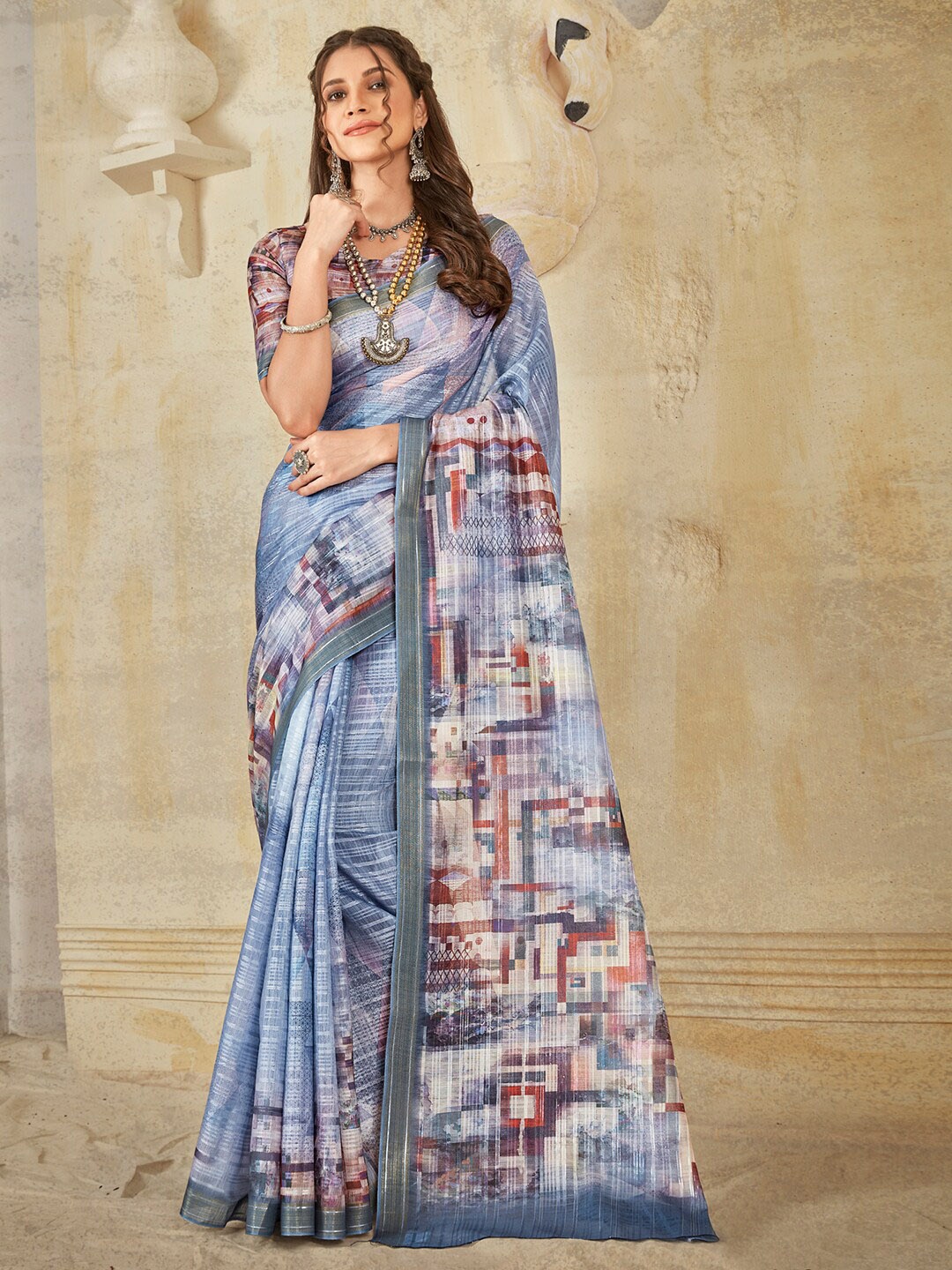 

Anouk Abstract Printed Zari Pure Silk Banarasi Saree, Grey