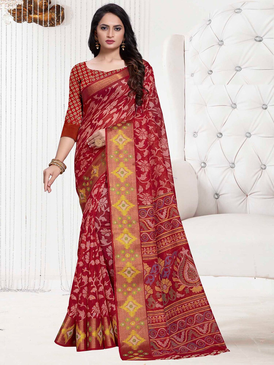 

Anouk Floral Printed Zari Bagh Saree, Red