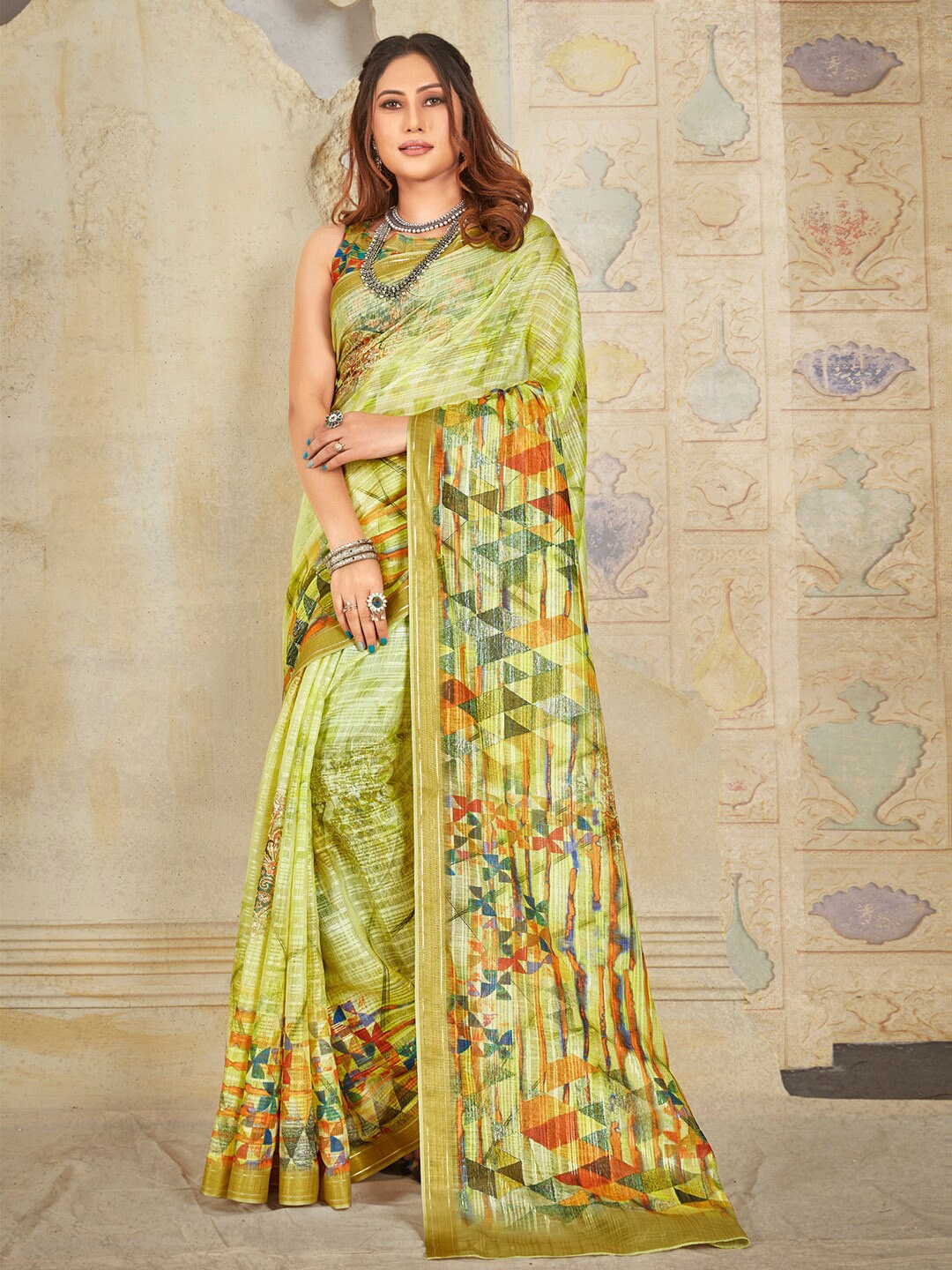 

Anouk Abstract Printed Pure Silk Banarasi Saree, Olive