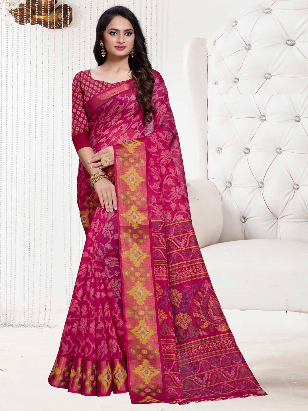 

Anouk Ethnic Motifs Printed Zari Bagh Saree, Pink