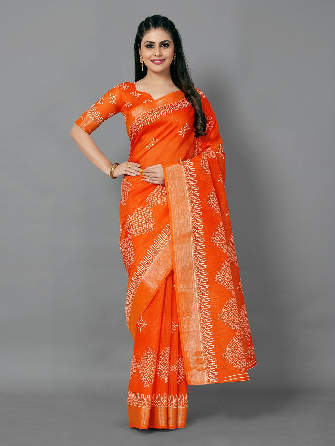 

Anouk Ethnic Motifs Zari Block Print Saree, Orange
