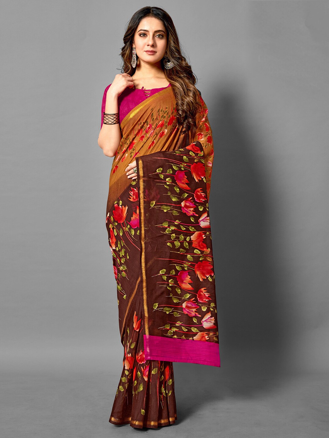 

Anouk Floral Printed Zari Detail Saree, Brown