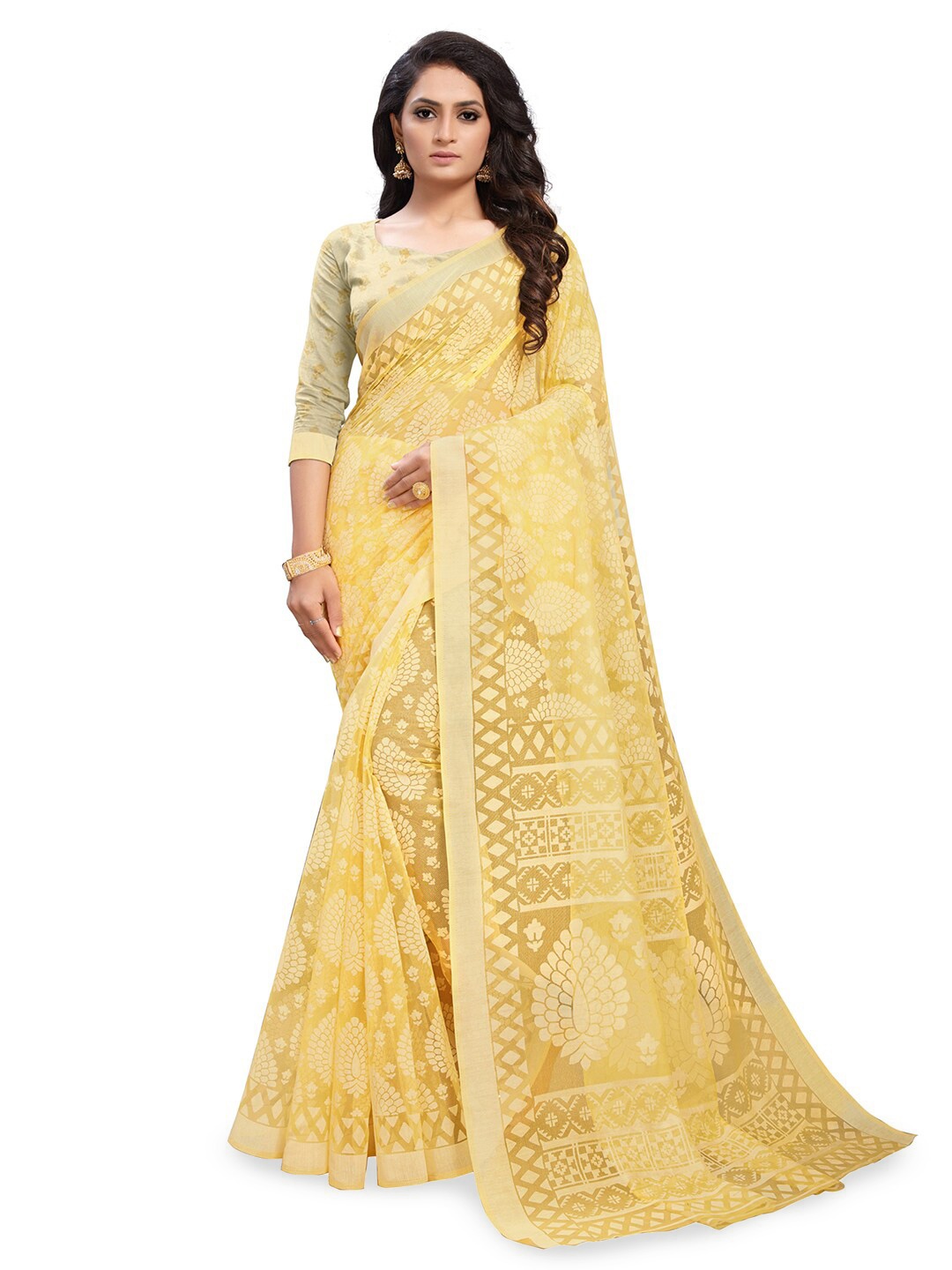 

Anouk Ethnic Motifs Printed Brasso Chanderi Saree, Yellow