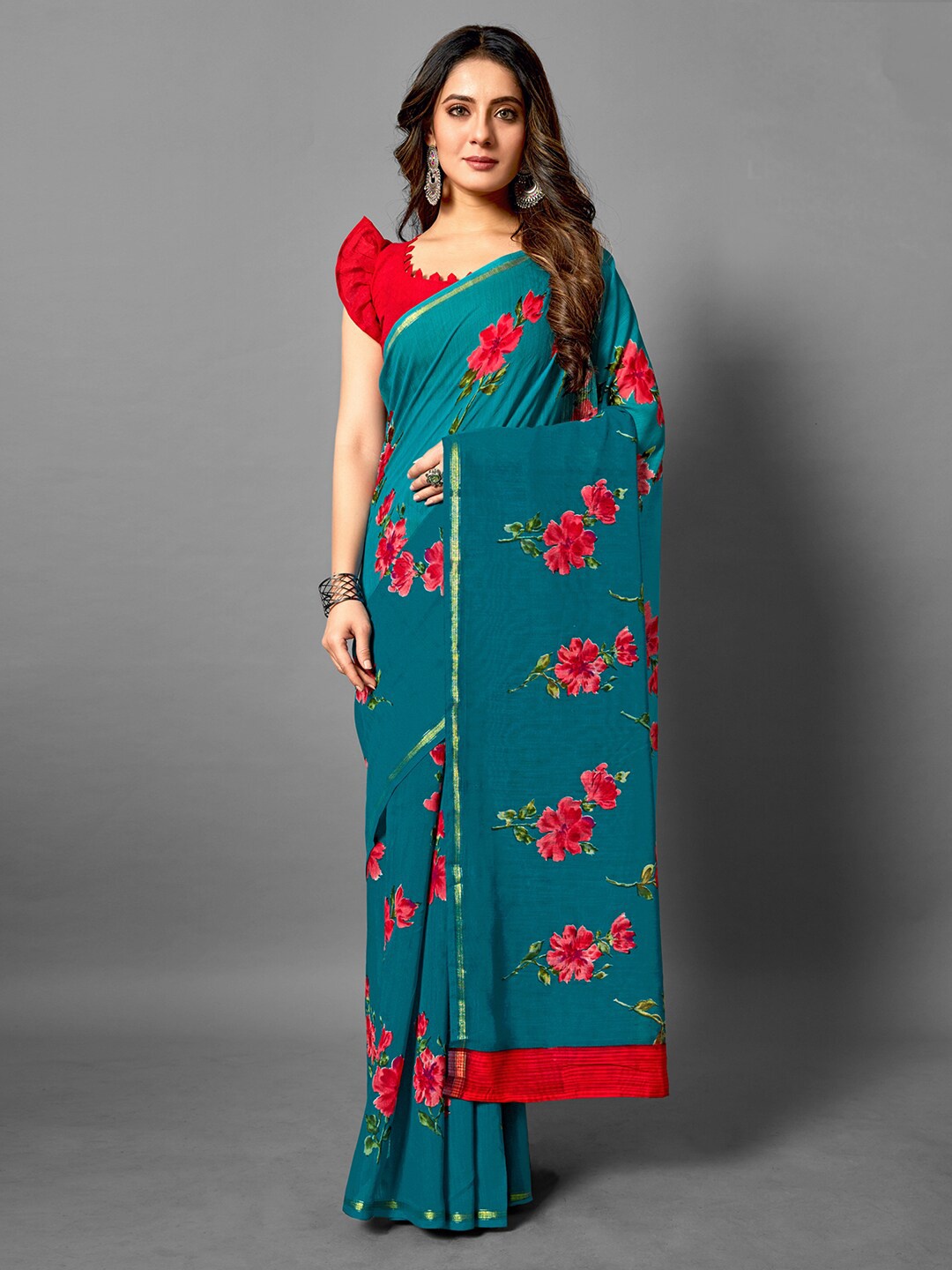 

Anouk Teal Blue & Gold-Toned Floral Printed Zari Bagh Saree