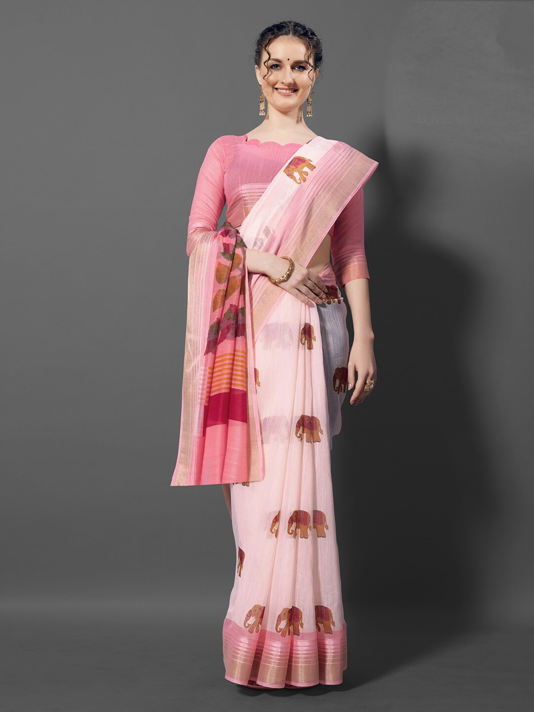 

Anouk Ethnic Motifs Printed Zari Detail Saree, Pink