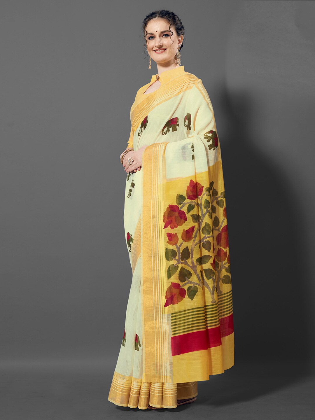 

Anouk Floral Printed Zari Linen Blend Bagru Saree, Yellow