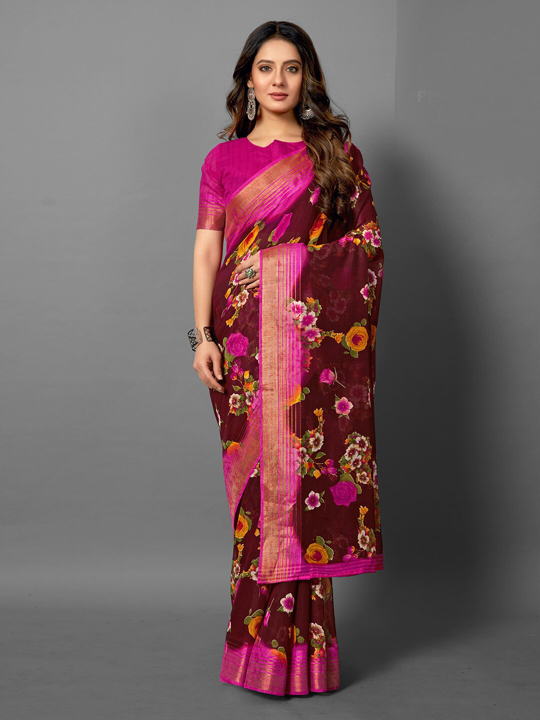 

Anouk Brown & Pink Floral Printed Zari Sungudi Saree
