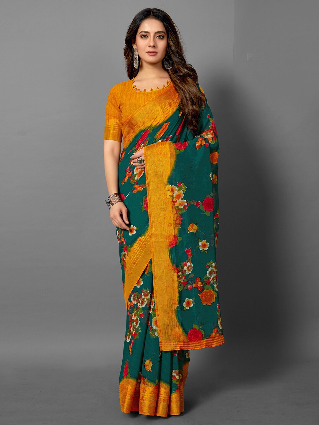 

Anouk Teal Green & Red Floral Printed Zari Sungudi Saree