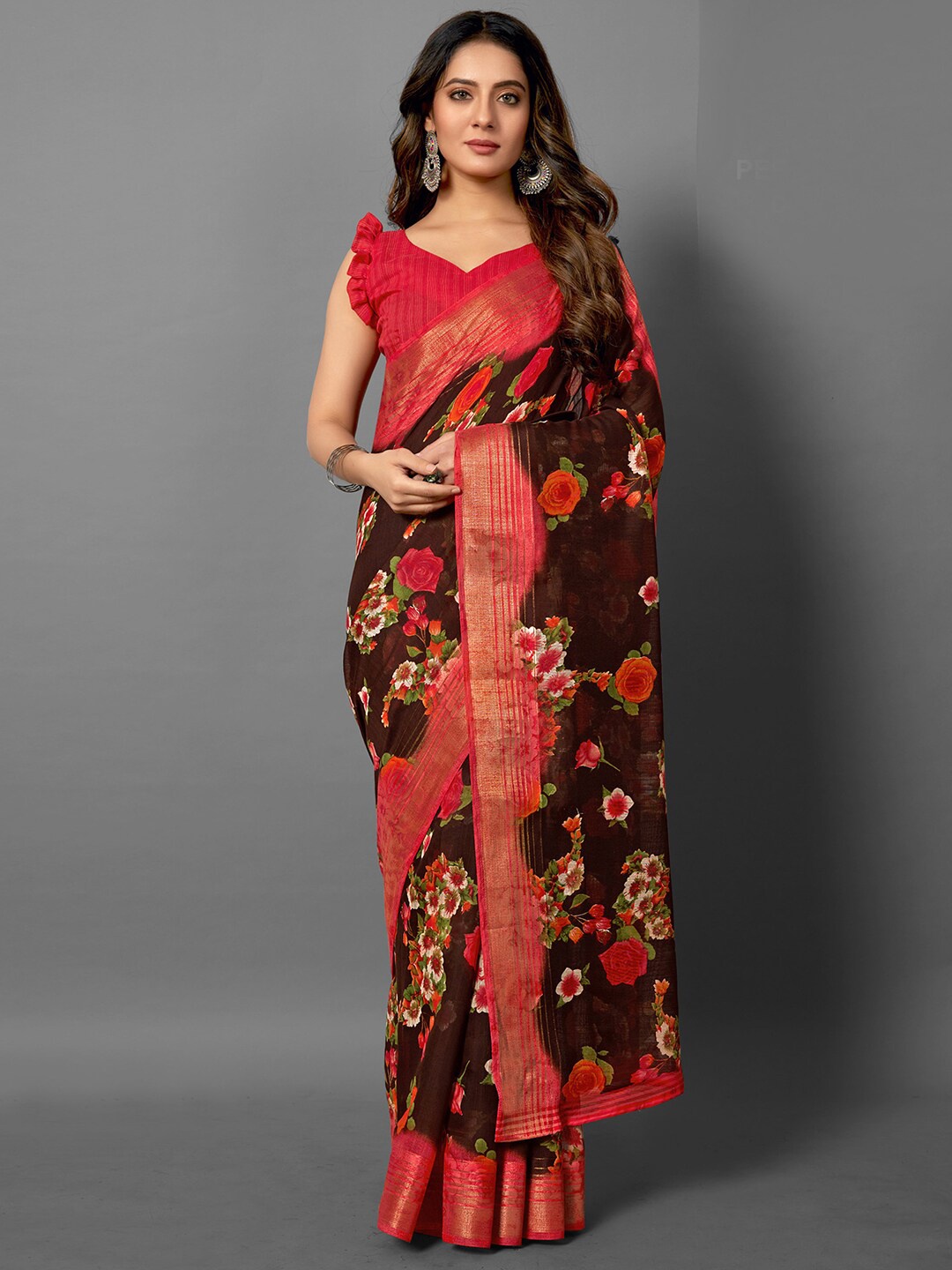 

Anouk Brown & Red Floral Printed Zari Sungudi Saree