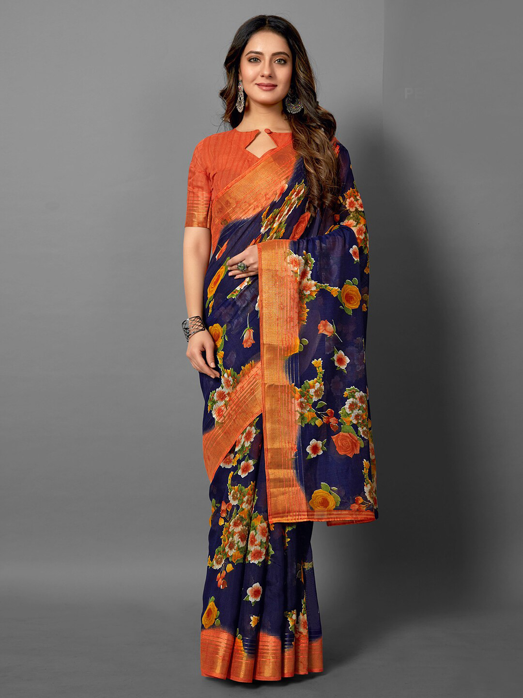 

Anouk Navy Blue & Orange Floral Printed Zari Sungudi Saree